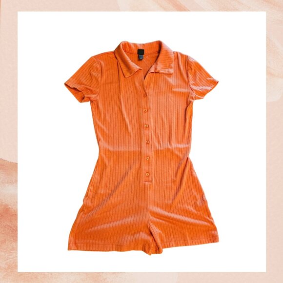 Orange Ribbed Button-Front Short Romper - Picture 2 of 3